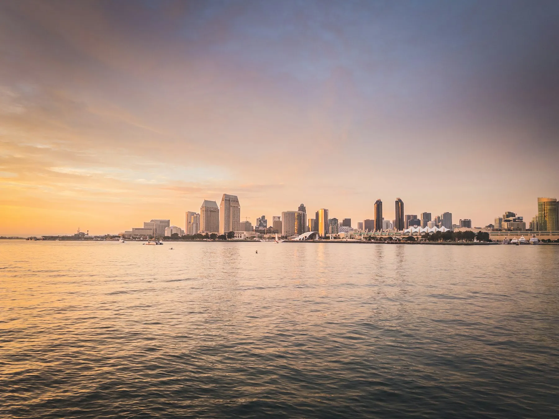 The San Diego skyline across the water at sunset